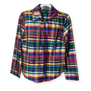 J'Envie New York Multicolor Silk Plaid Long Sleeve Button Up Blouse Shirt
